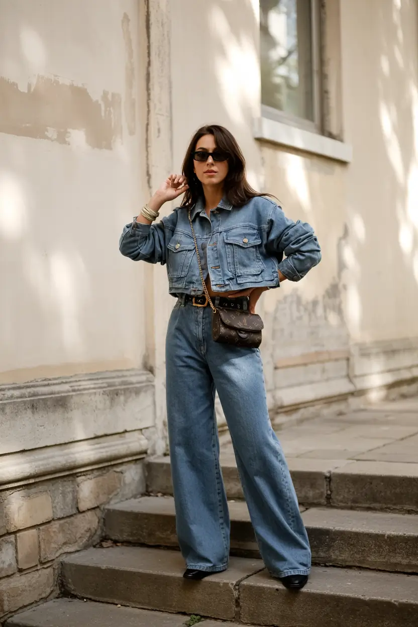 spring jeans outfit 2026 Cropped Denim Jacket and Wide Leg Jeans