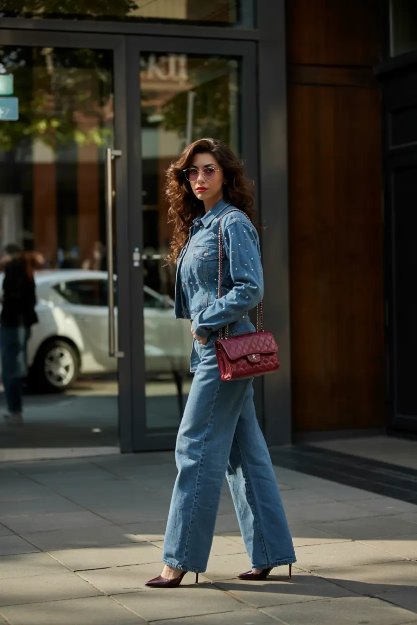 spring jeans outfit 2026 Studded Denim Set and Pink Bag