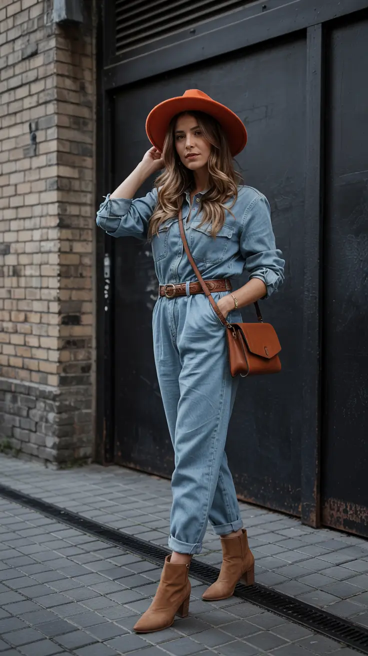 spring jeans outfit 2026 Denim Jumpsuit with Warm Accessories