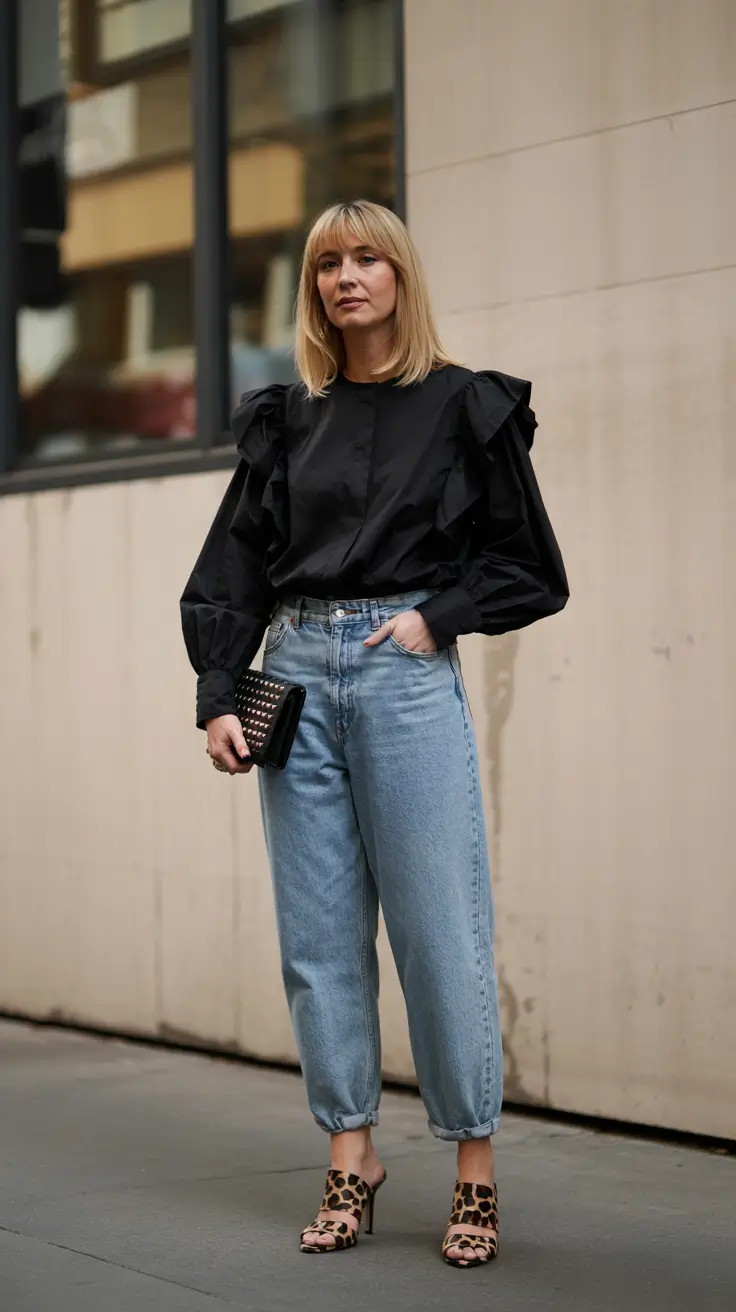 spring jeans outfit 2026 Ruffled Black Blouse with Relaxed Jeans