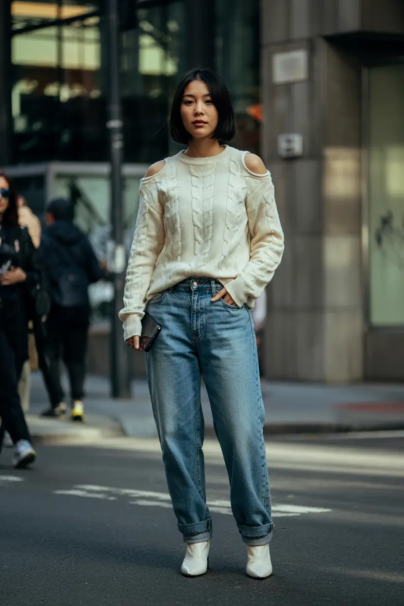 spring jeans outfit 2026 Soft Knit with Classic Straight Jeans