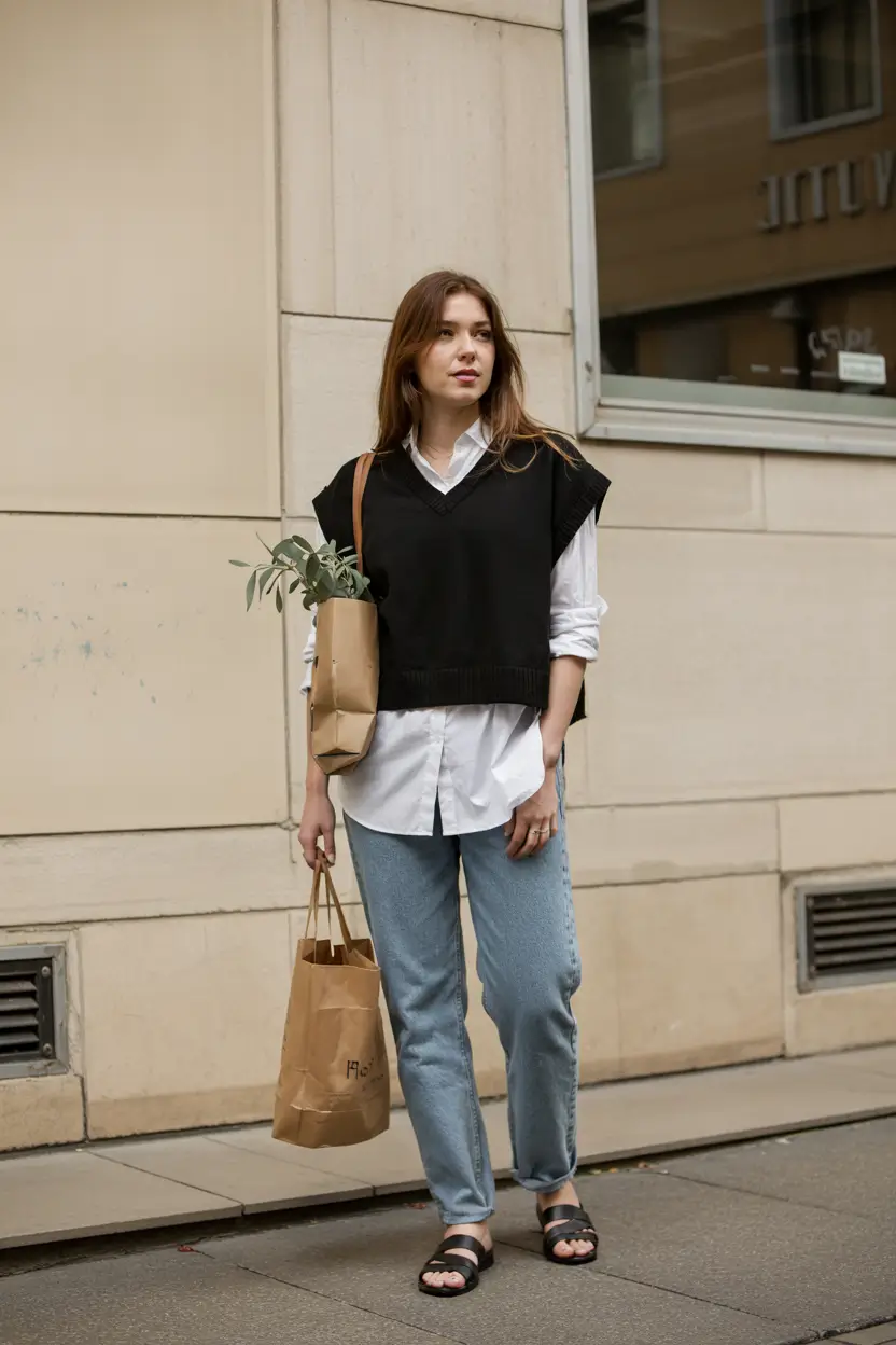 spring jeans outfit 2026 Layered Shirt and Knit Vest