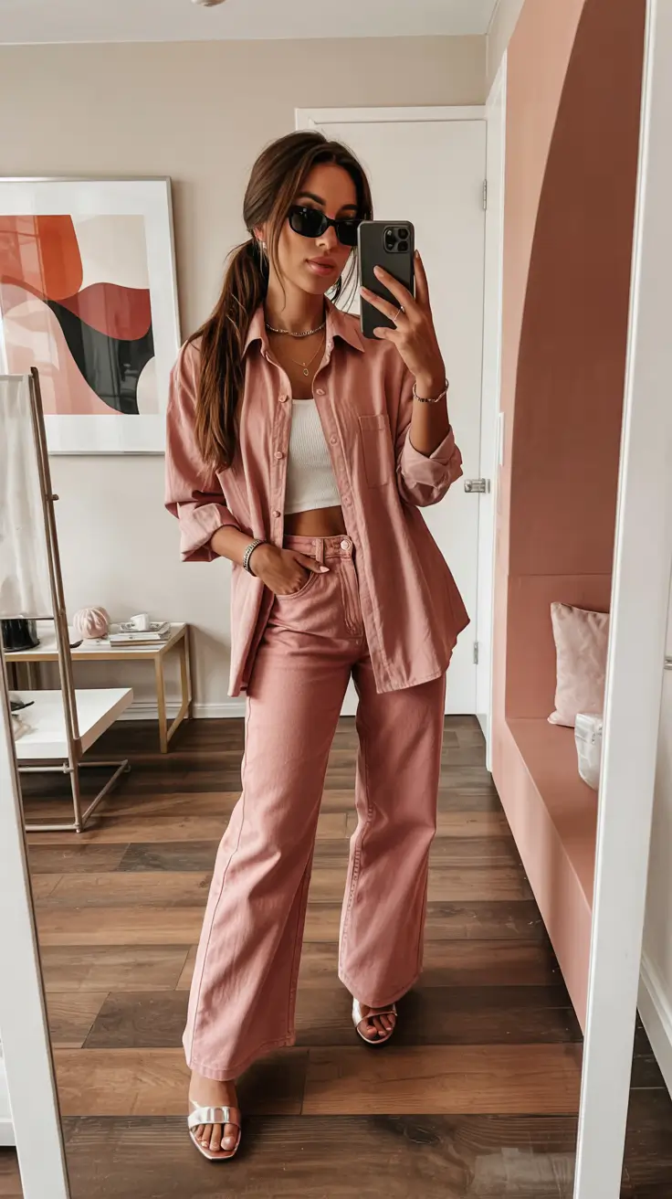 spring jeans outfit 2026 Monochrome Pink Denim Set