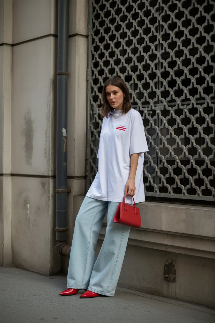 spring jeans outfit 2026 Oversized White Tee with Wide Leg Jeans