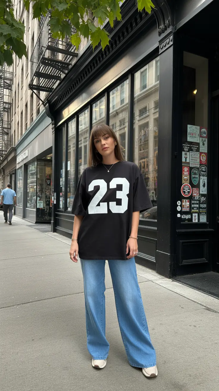 spring jeans outfit 2026 Sporty Graphic Tee with Flowy Denim