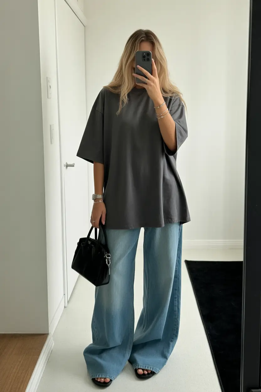 spring jeans outfit 2026 Minimalist Oversized Tee and Wide Jeans
