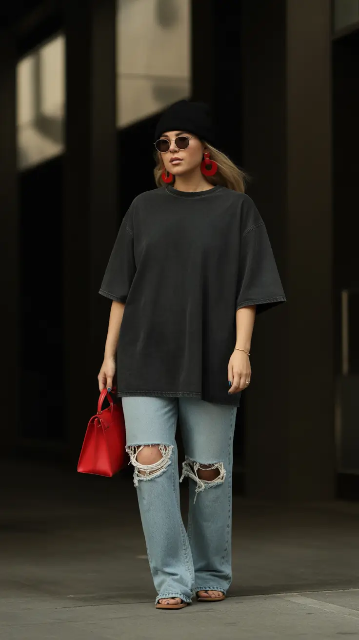 spring jeans outfit 2026 Ripped Jeans with Beanie and Bold Accessories