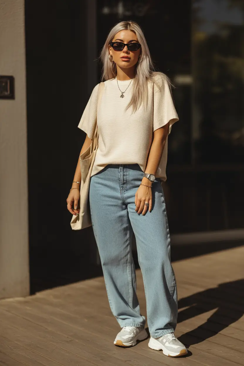 spring jeans outfit 2026 Relaxed Cream Top with Light Denim