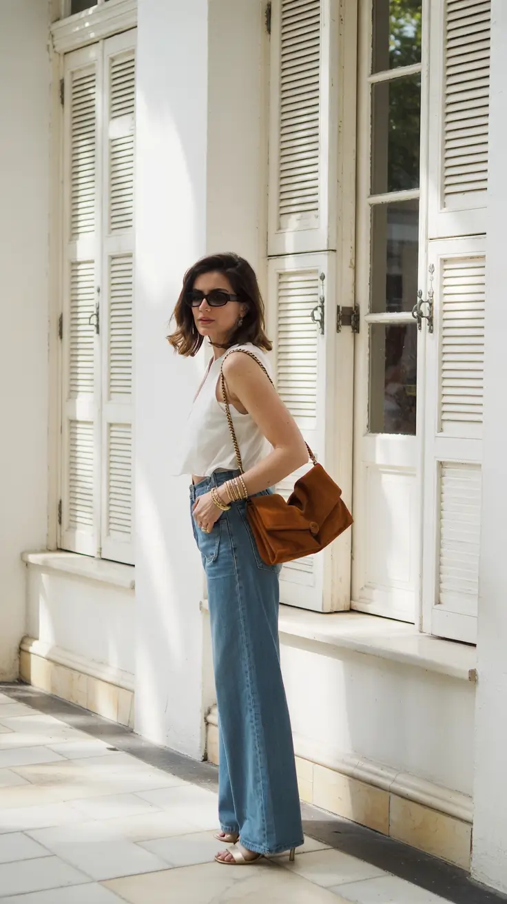 spring jeans outfit 2026 Wide-Leg Jeans Sleeveless Top