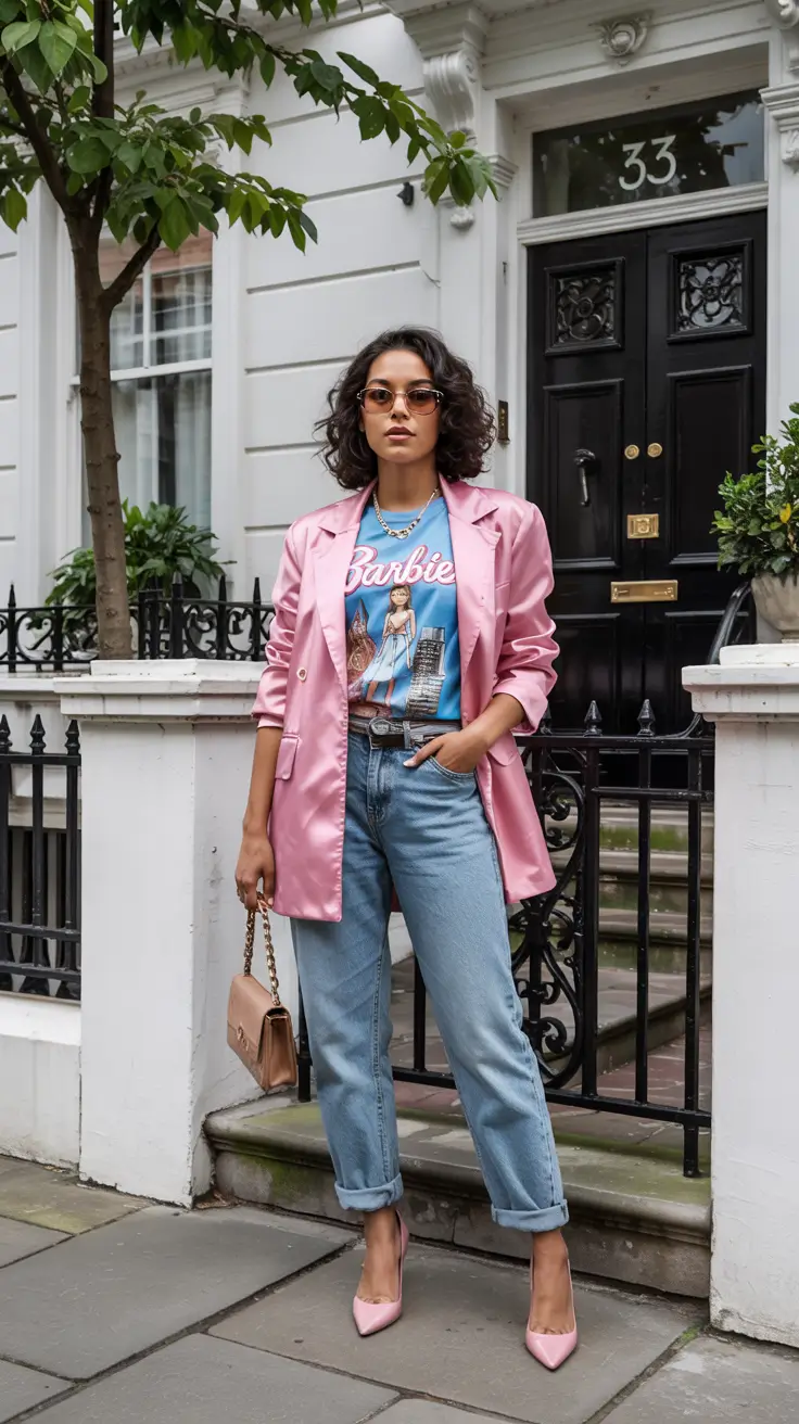 spring jeans outfit 2026 Pink Blazer and Jeans