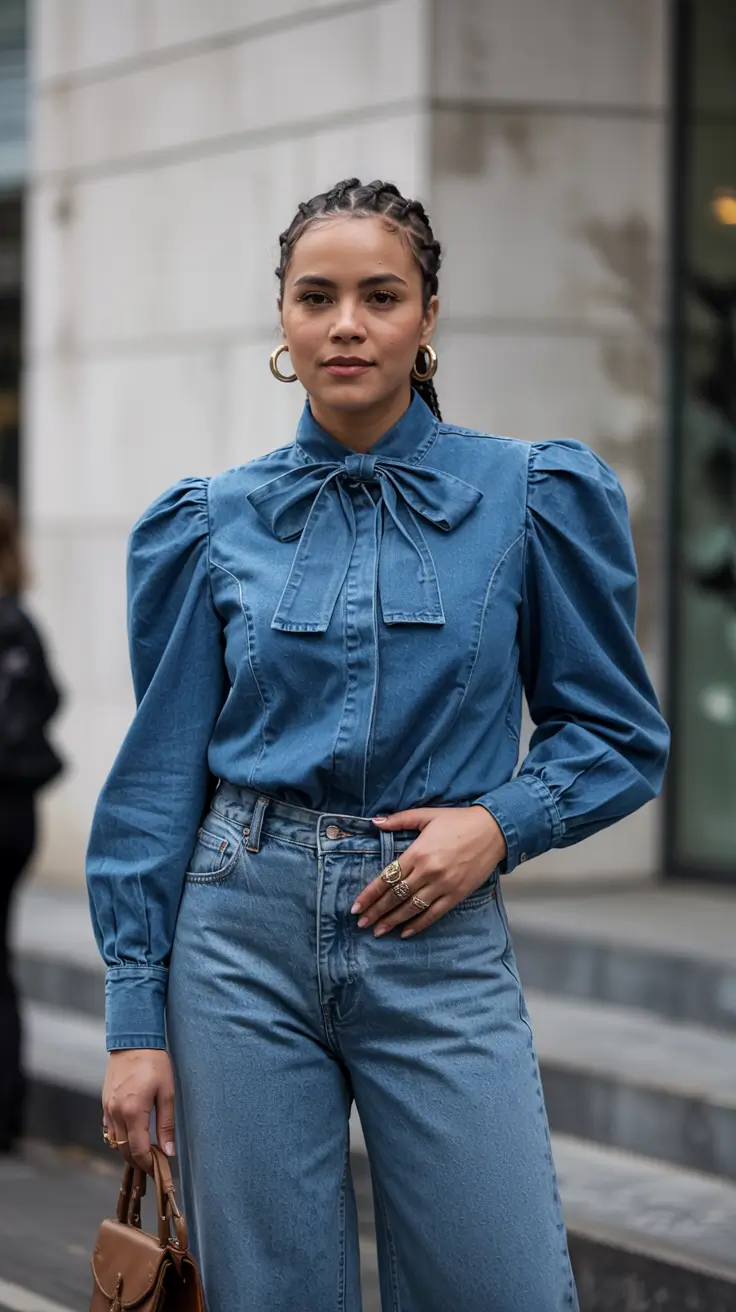 spring jeans outfit 2026 Denim Bow Blouse and High Waist Jeans