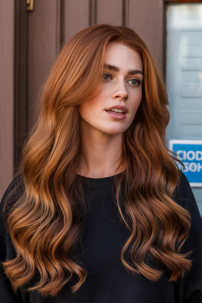 spring long haircut 2026 Warm Copper Waves with Long Layers