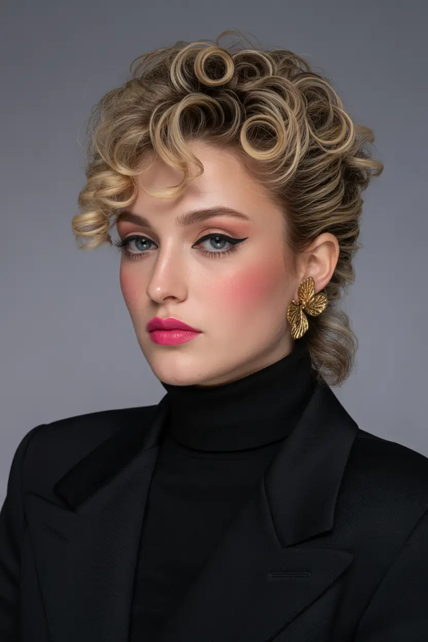 spring shag hairstyle 2026 Structured Short Shag with Retro Curls and Statement Bangs
