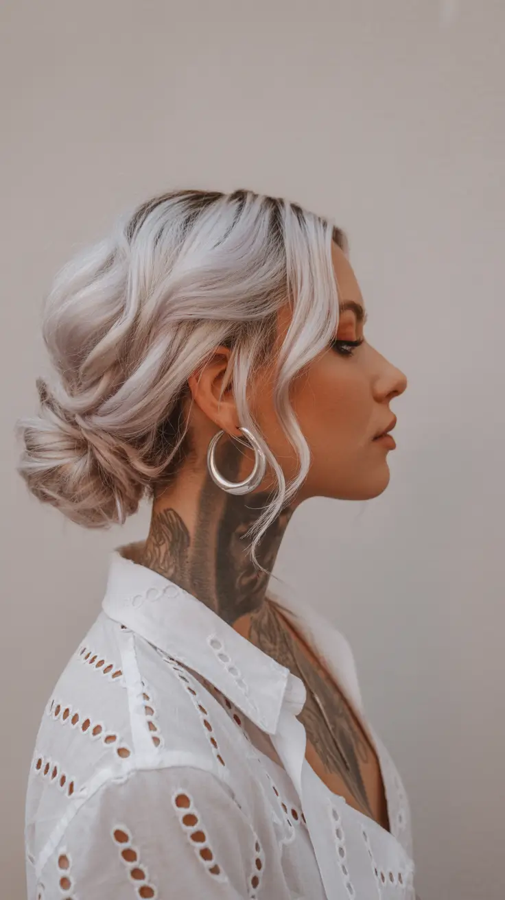 spring shag hairstyle 2026 Silver Blonde Medium Shag with Twisted Low Updo