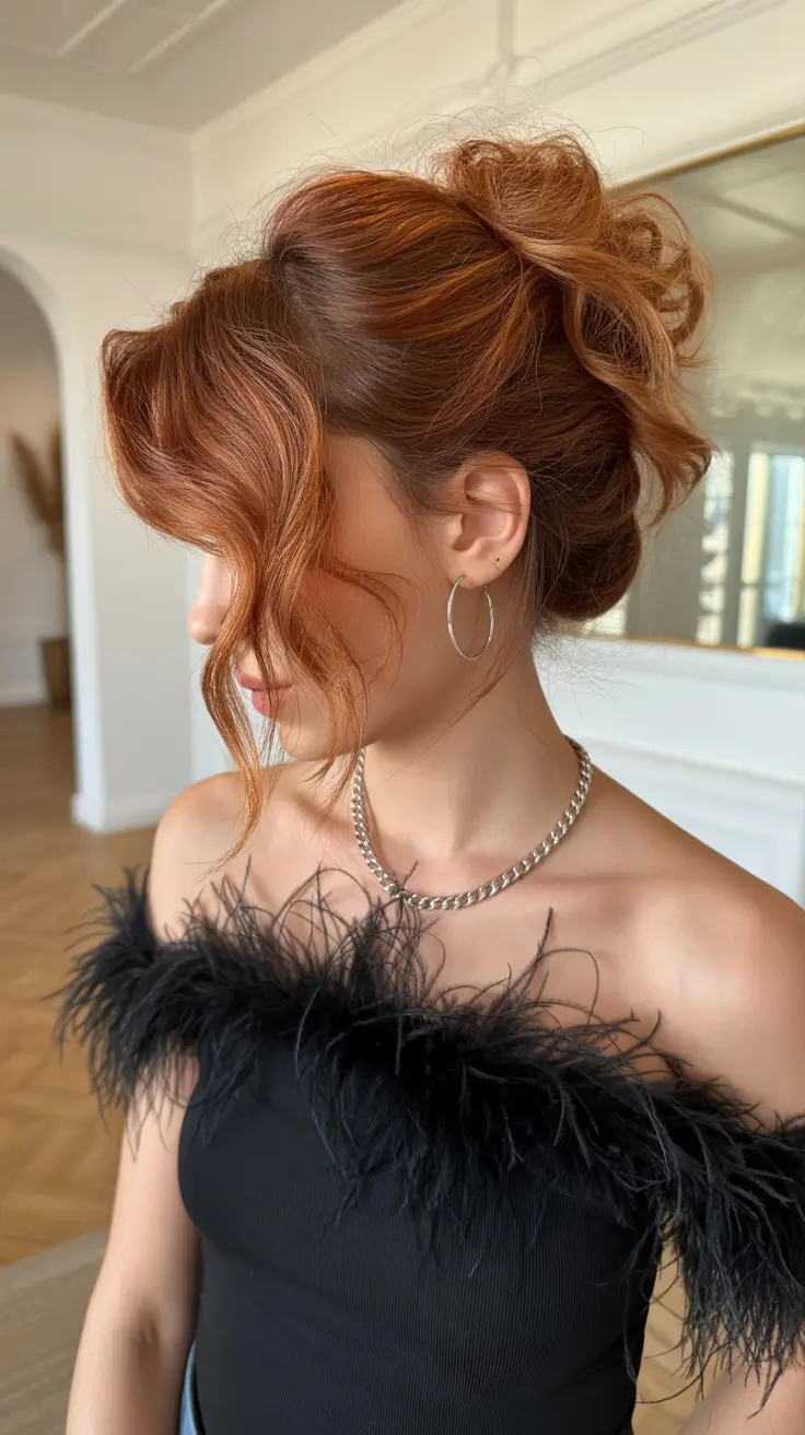 spring shag hairstyle 2026 Copper Shag Updo with Textured Bangs and Statement Layers