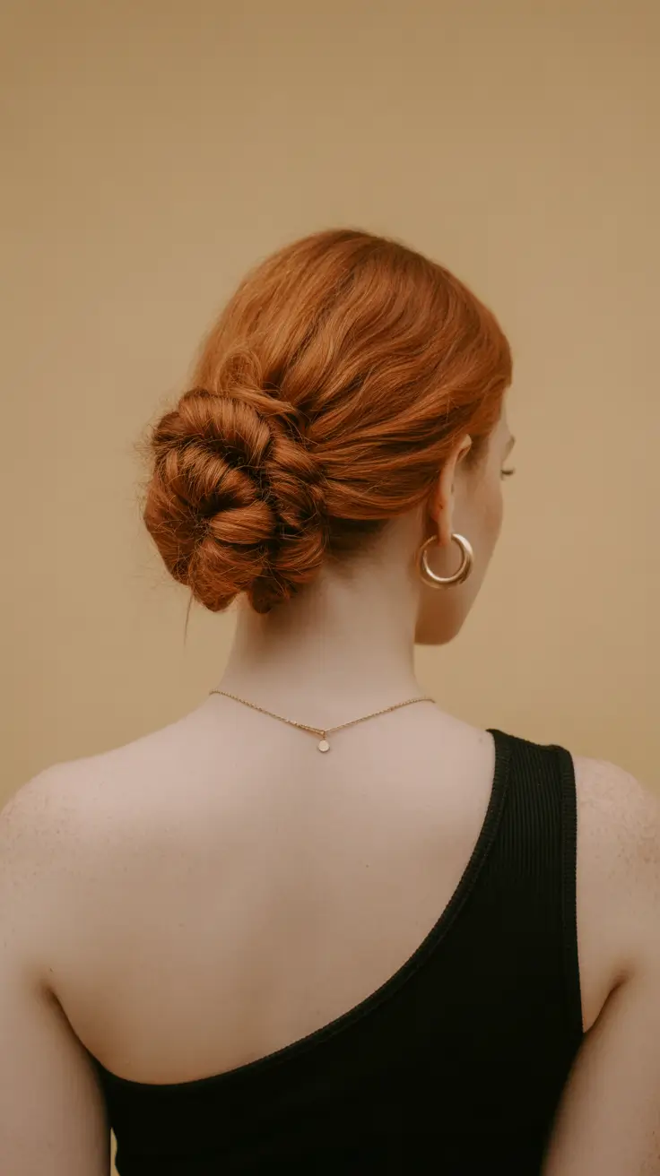 spring shag hairstyle 2026 Elegant Ginger Shag in a Polished Low Bun