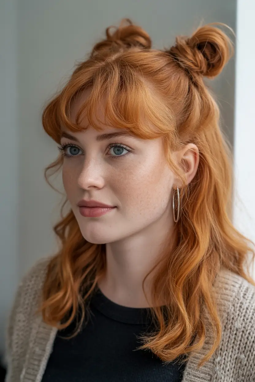 spring shag hairstyle 2026 Playful Shag with Bangs and Mini Buns