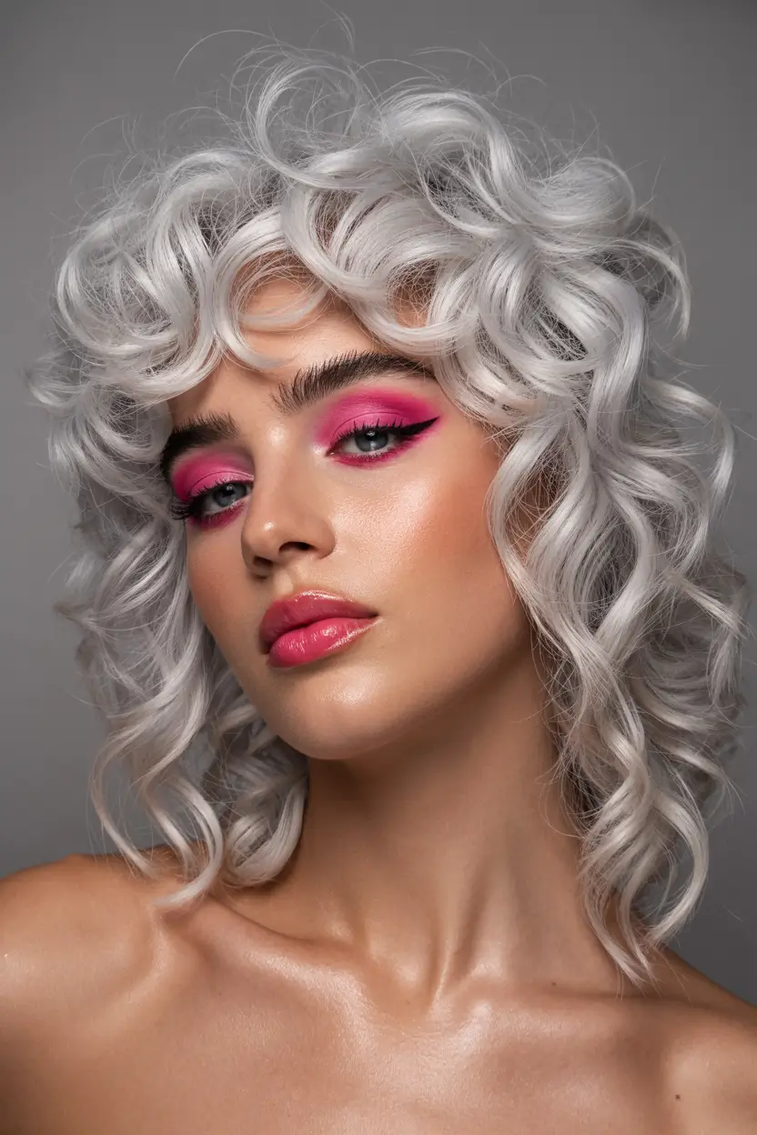spring shag hairstyle 2026 Silver Curly Shag with Statement Texture