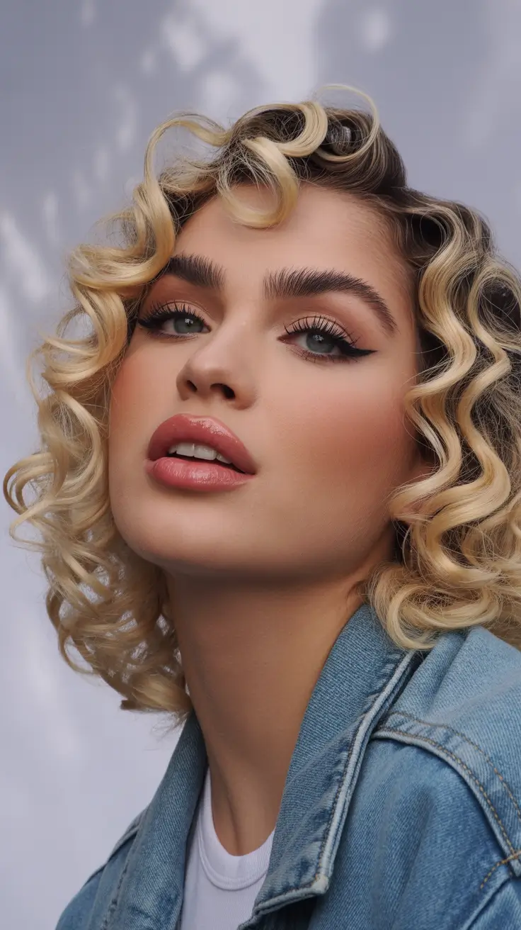 spring shag hairstyle 2026 Classic Medium Shag with Defined Waves and Denim Cool