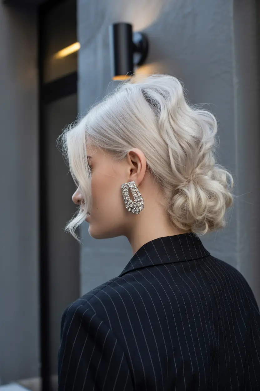 spring shag hairstyle 2026 Silver Blonde Medium Shag with Low Bun Styling