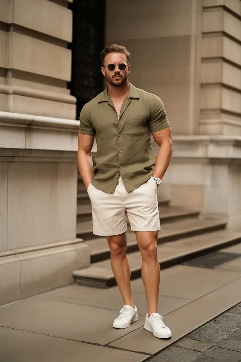 casual summer outfits men 2026 Effortless Olive Shirt and Tailored Shorts Energy