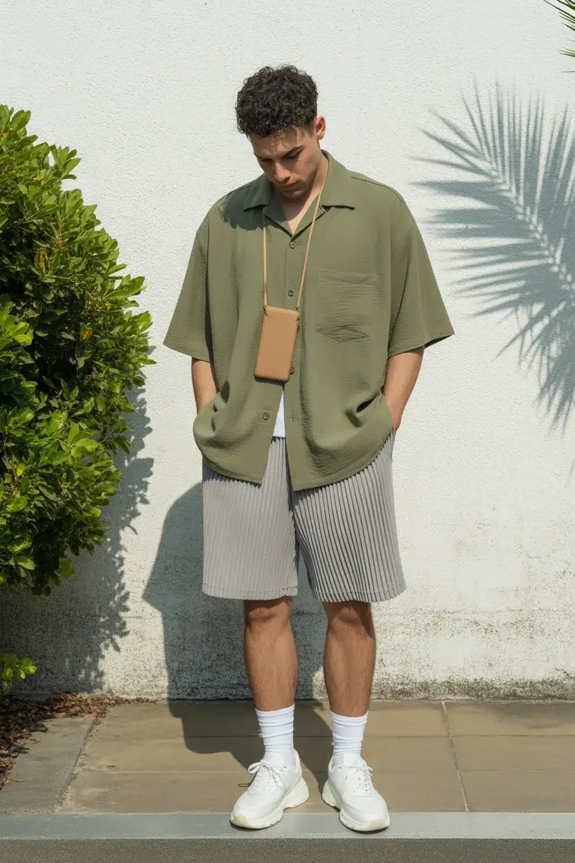 casual summer outfits men 2026 Layered Olive Shirt and Textured Shorts Ease