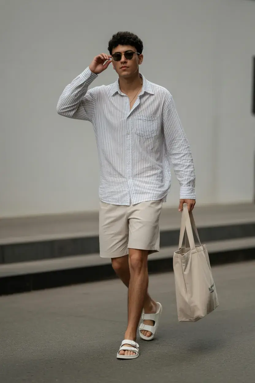 casual summer outfits men 2026 Light Striped Shirt and Easy Shorts City Walk