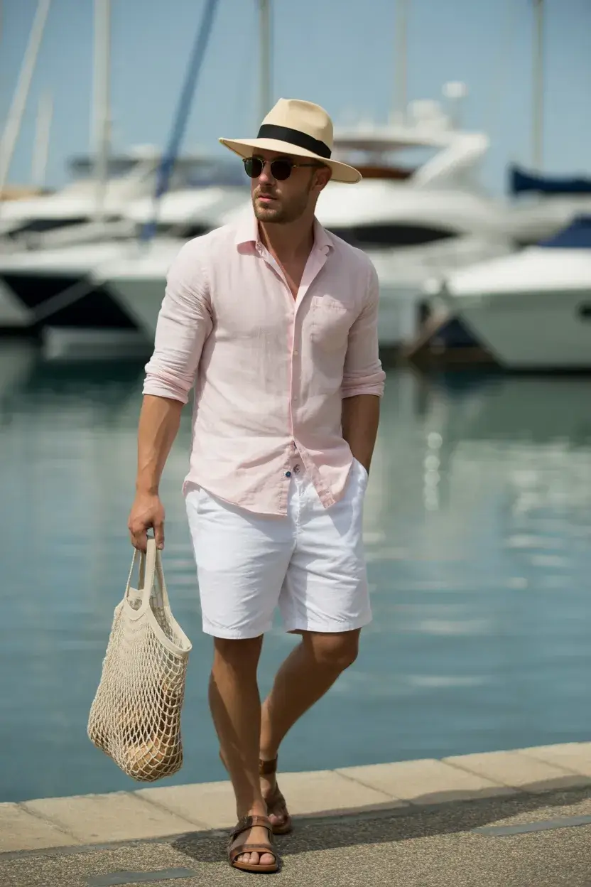 casual summer outfits men 2026 Soft Pink Shirt and White Shorts Riviera Feel