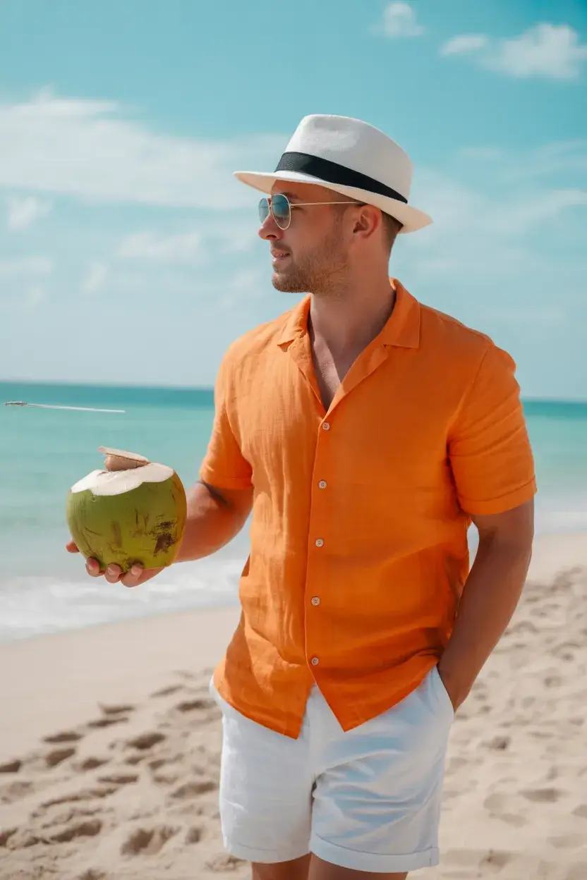 casual summer outfits men 2026 Bright Orange Shirt and Clean Shorts Statement