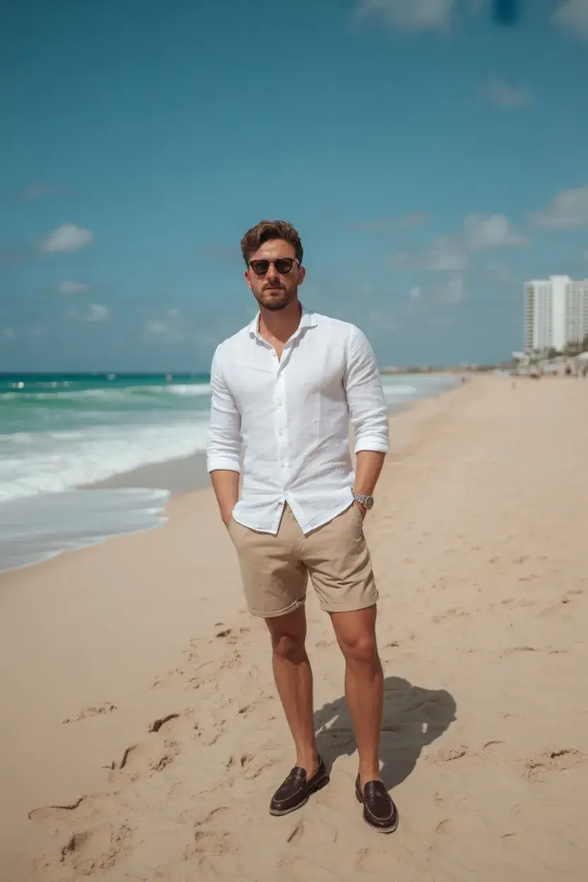 casual summer outfits men 2026 Coastal White Shirt and Relaxed Beach Shorts