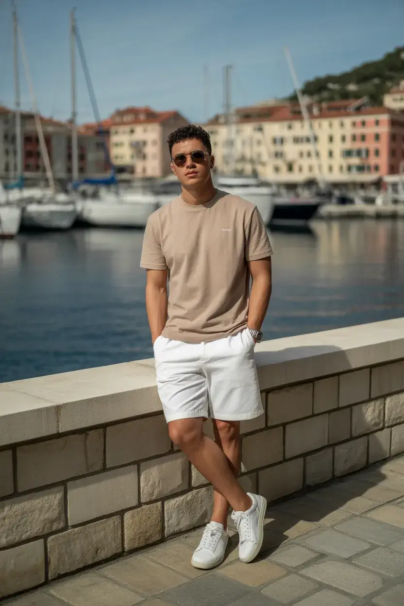 casual summer outfits men 2026 Minimal Neutral Tee and Clean White Shorts Combo