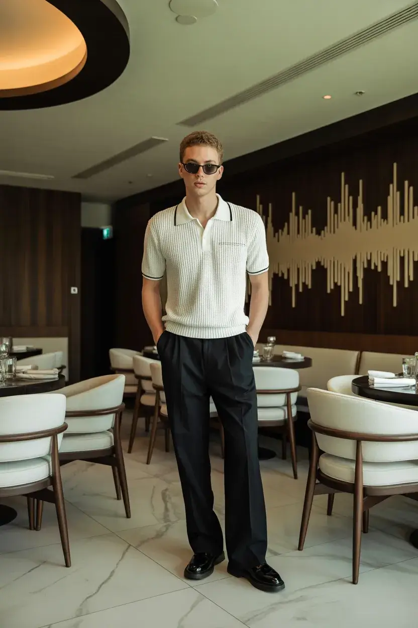 casual summer outfits men 2026 Polished Knit Polo and Relaxed Trousers Mood
