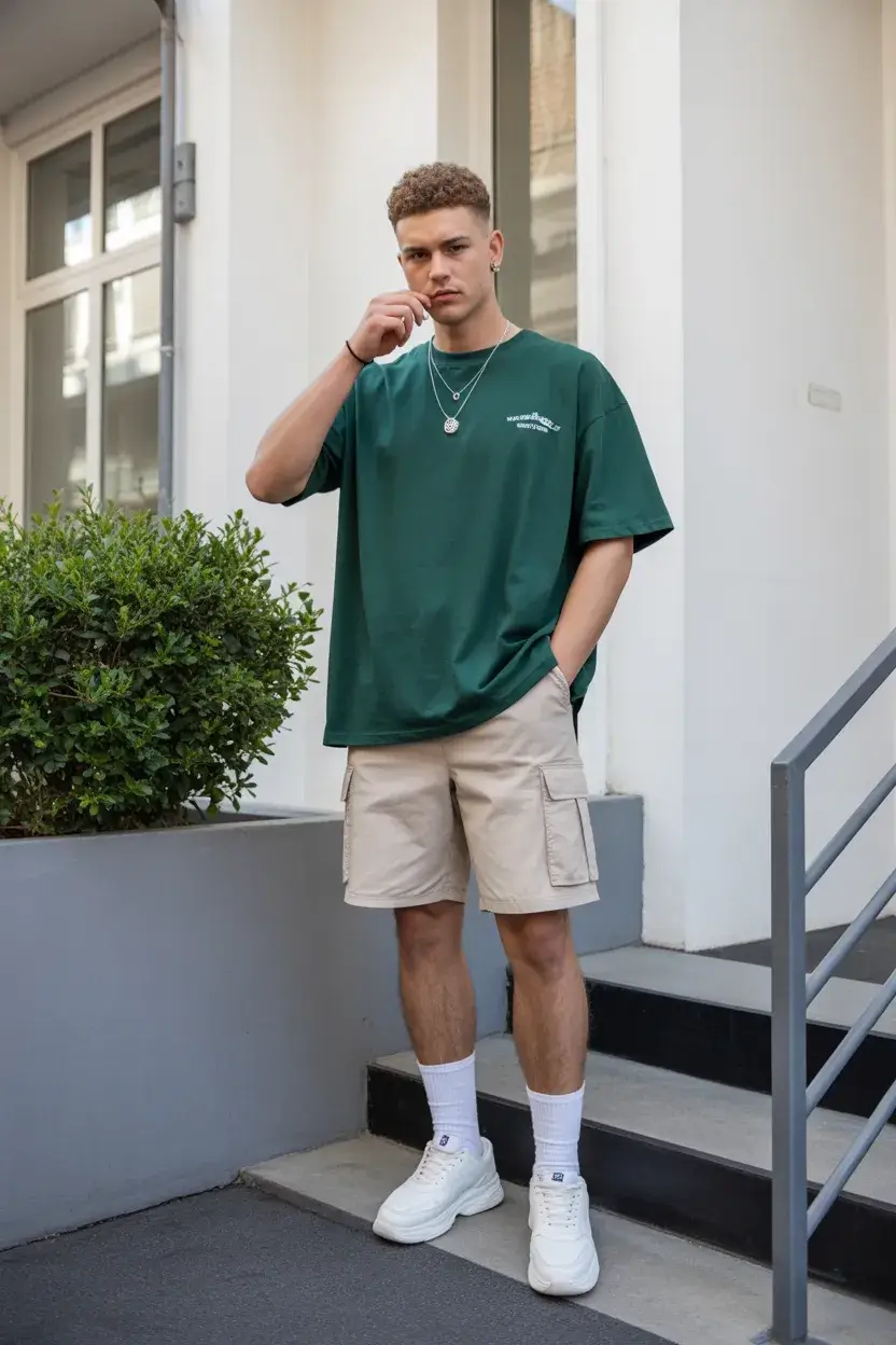 casual summer outfits men 2026 Relaxed Green Tee and Cargo Shorts Balance