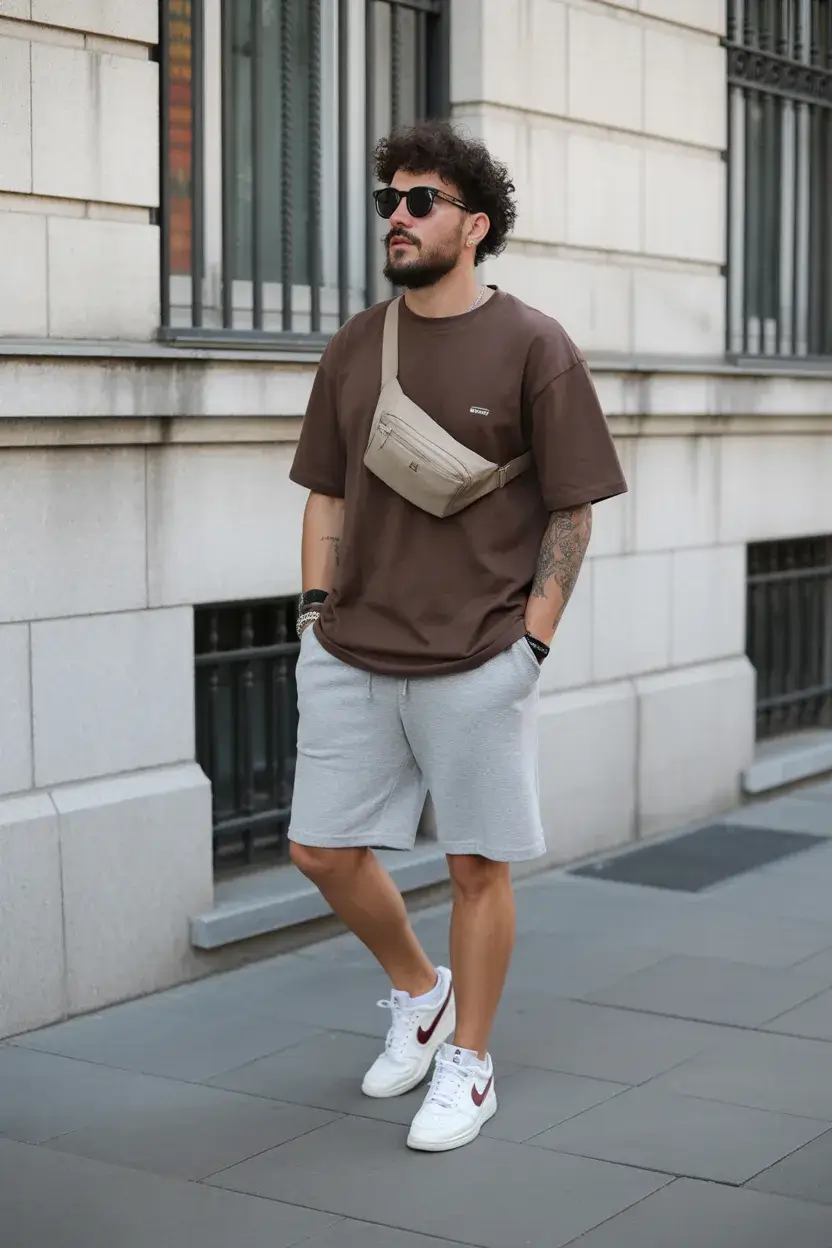 casual summer outfits men 2026 Urban Comfort Tee and Soft Shorts with Crossbody