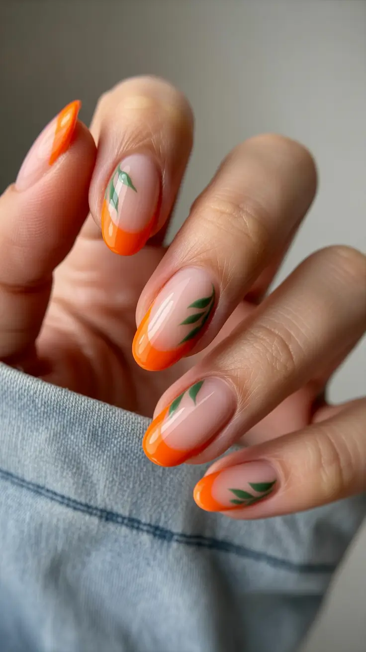 chic spring orange nails 2026 Fresh Orange French Tips with Delicate Botanical Art