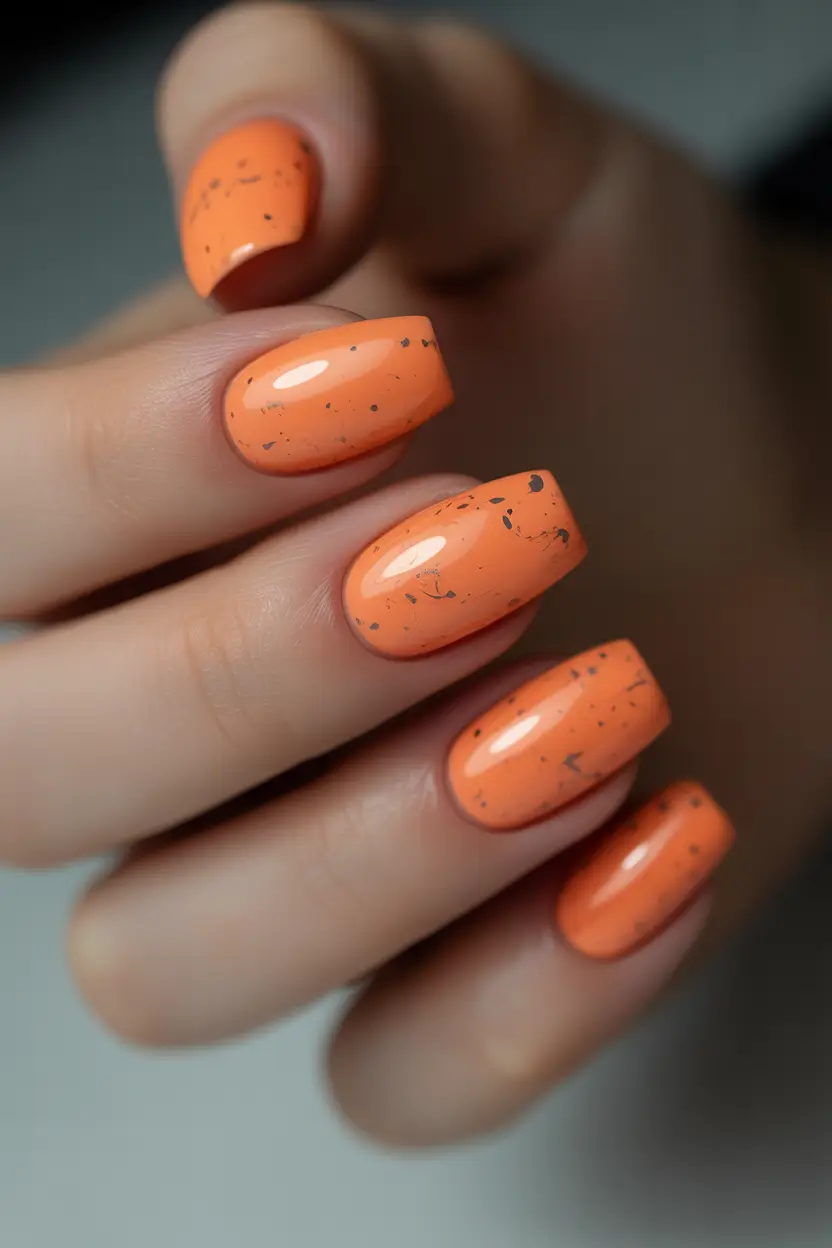 spring orange nails 2026 Short Square Orange Nails with Speckled Minimal Design