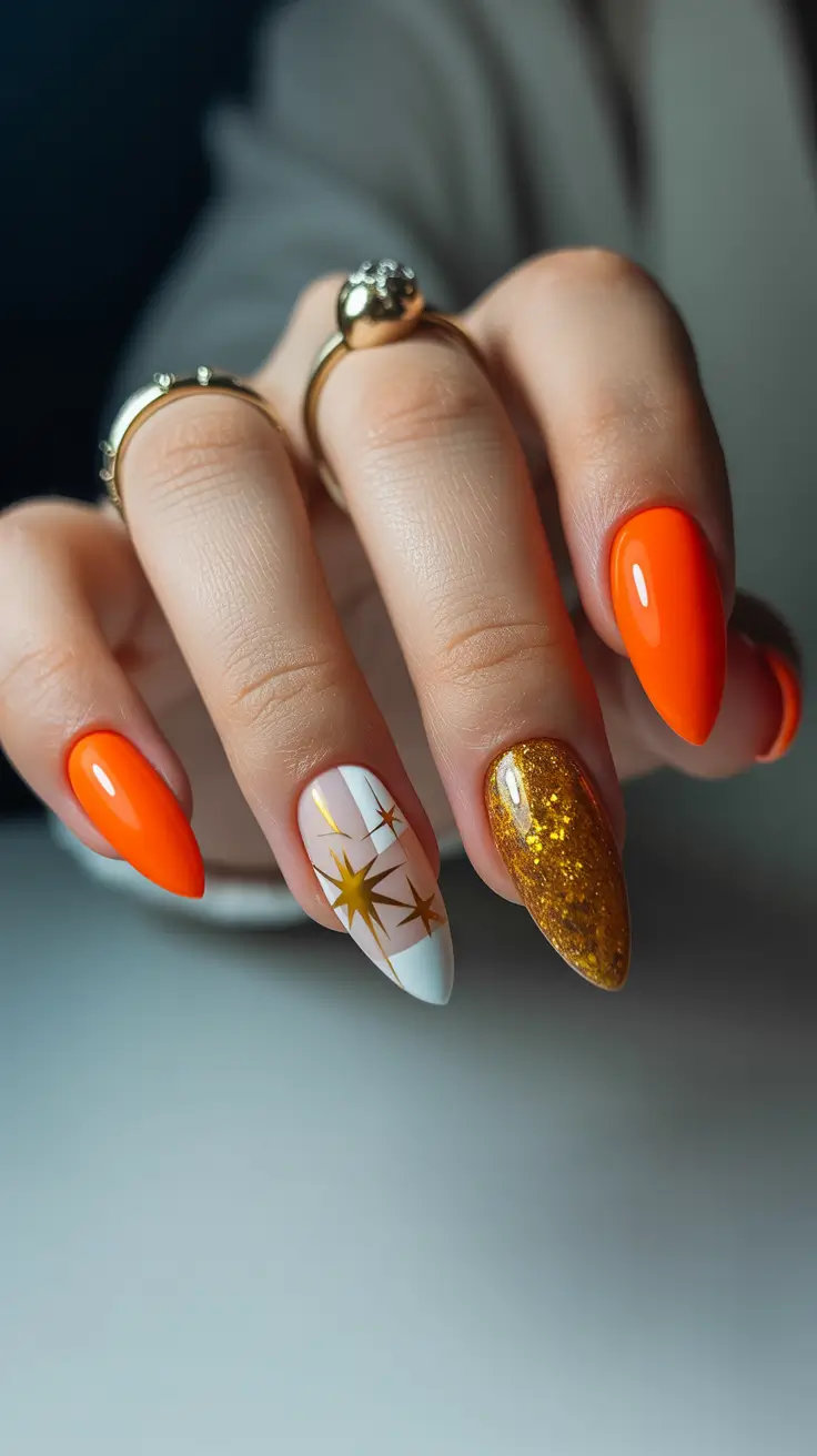 spring orange nails 2026 Bright Orange Nails with Golden Star Accent