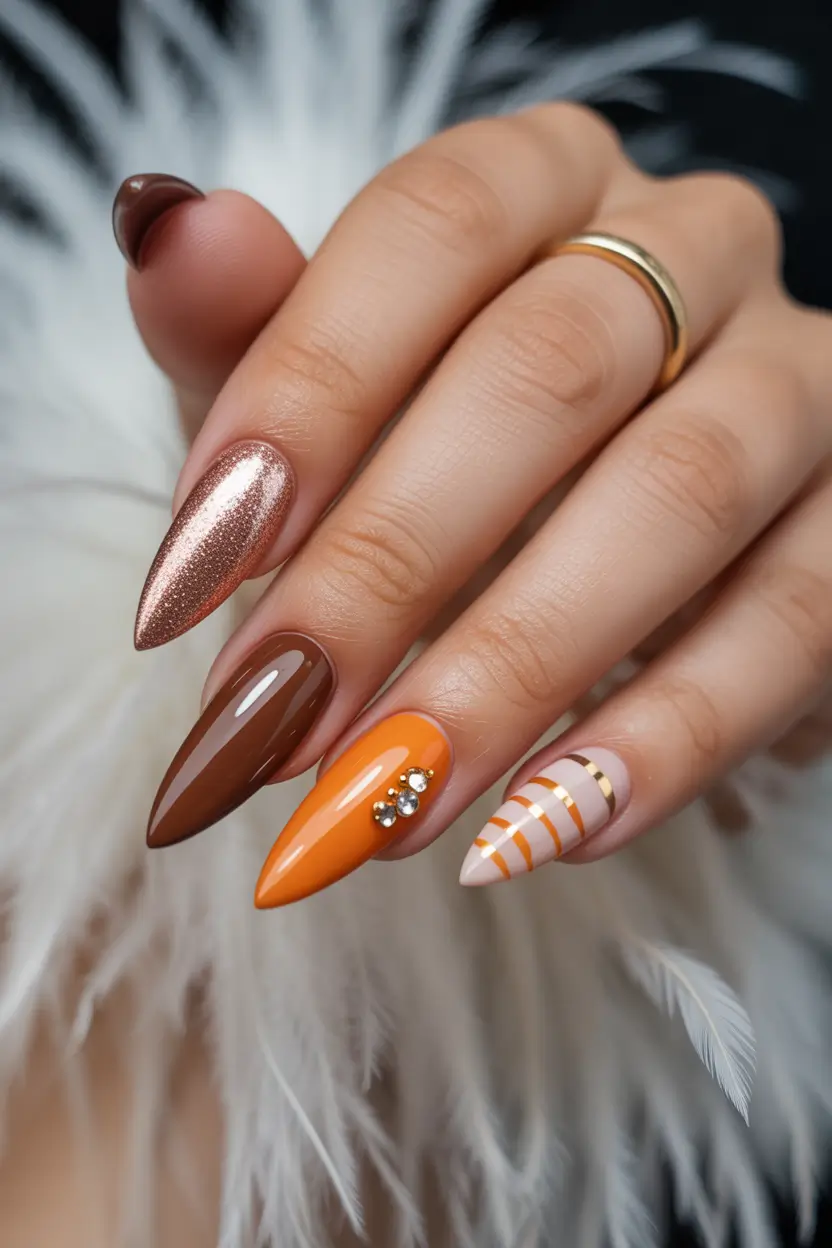 spring orange nails 2026 Warm Orange and Chocolate Almond Nail Mix