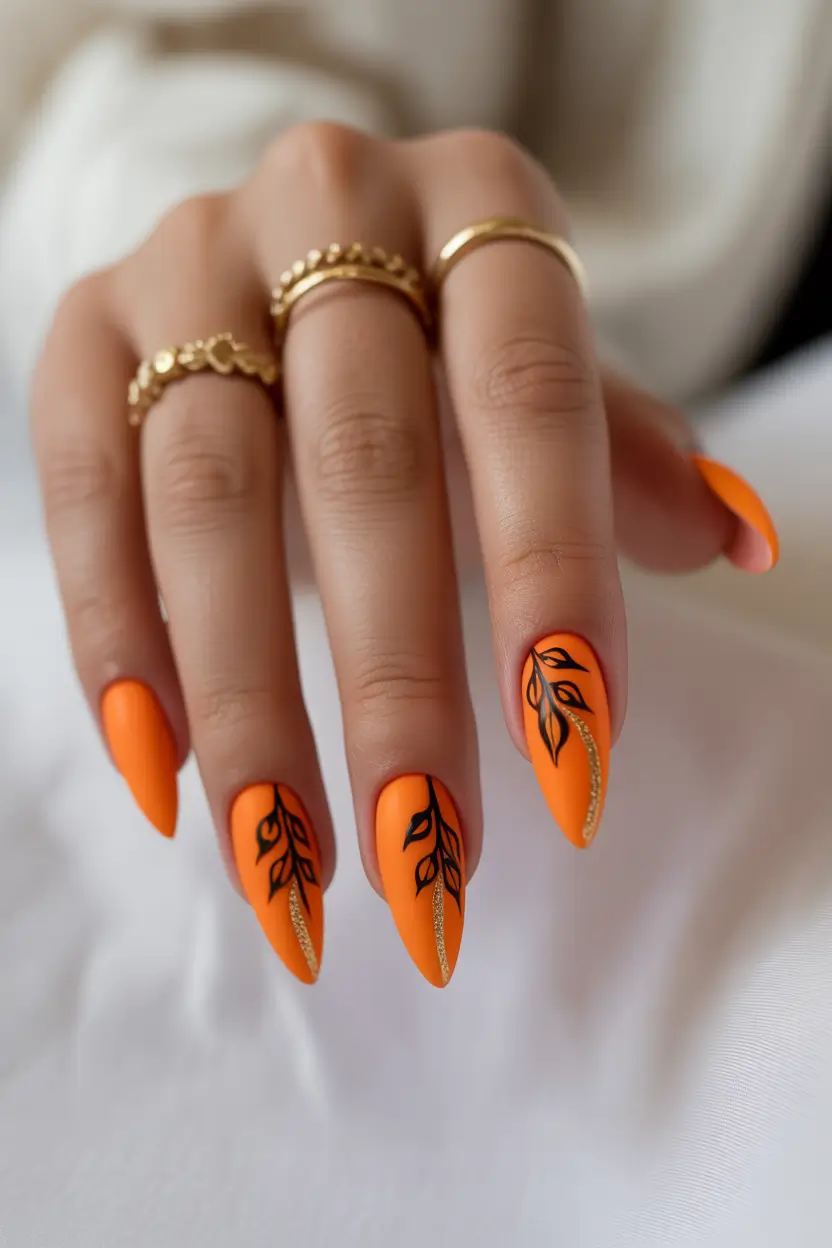 spring orange nails 2026 Graphic Orange Almond Nails with Black Leaf Details