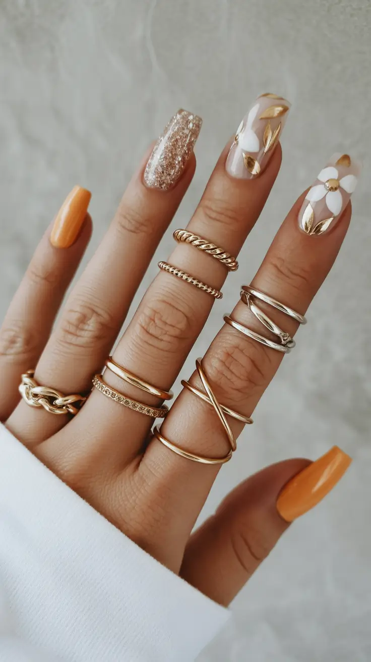 spring orange nails 2026 Soft Orange Nails with Gold Floral Details