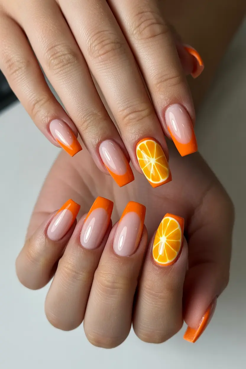 chic spring orange nails 2026 citrus slice french tips