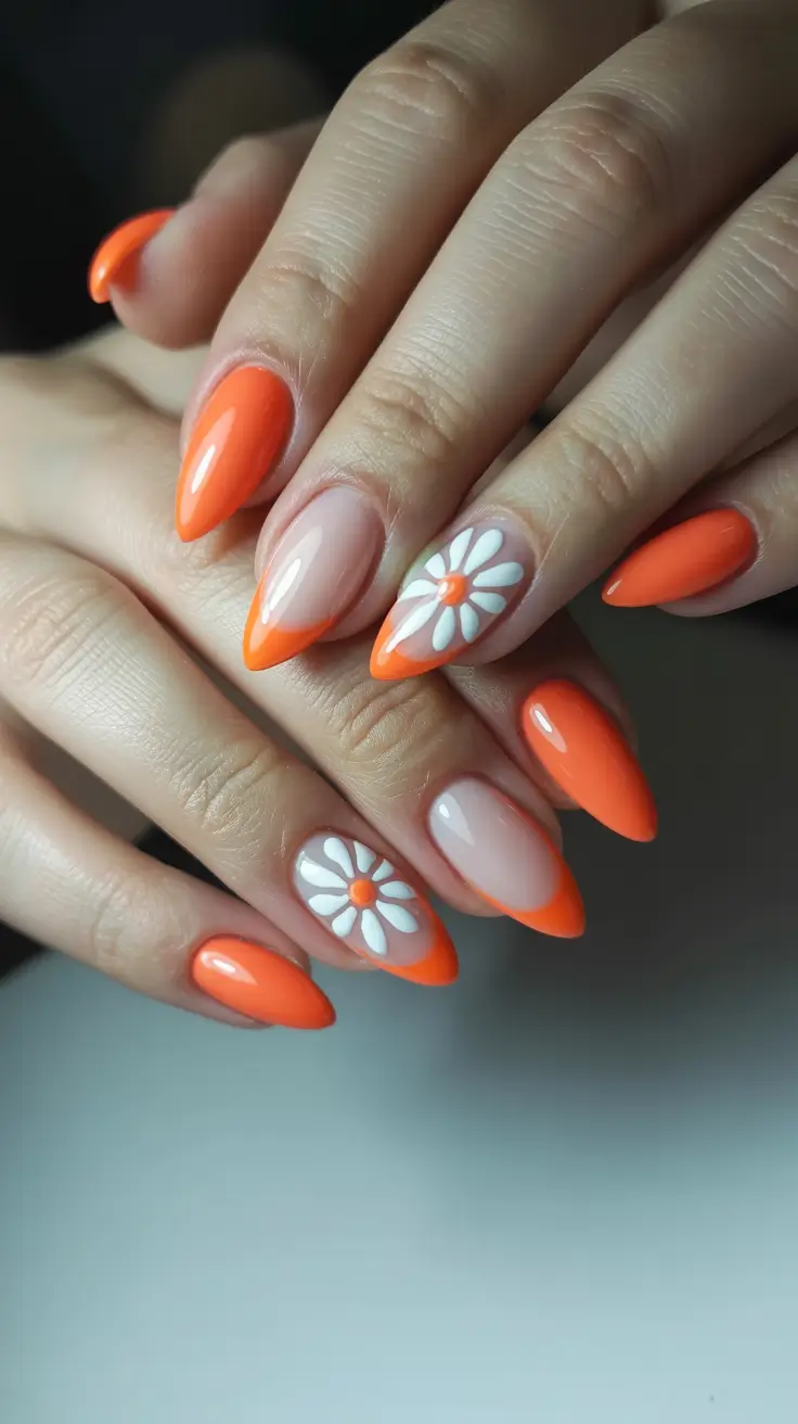 chic spring orange nails 2026 almond daisy nail art