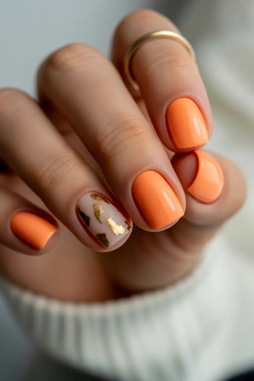 chic spring orange nails 2026 short peach gold foil manicure