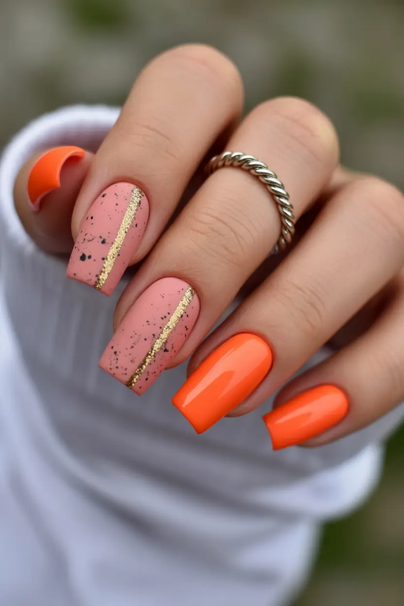 chic spring orange nails 2026 Glossy Tangerine Acrylic Nails with Gold Accent Detail