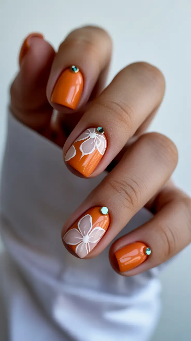 chic spring orange nails 2026 bright floral short manicure