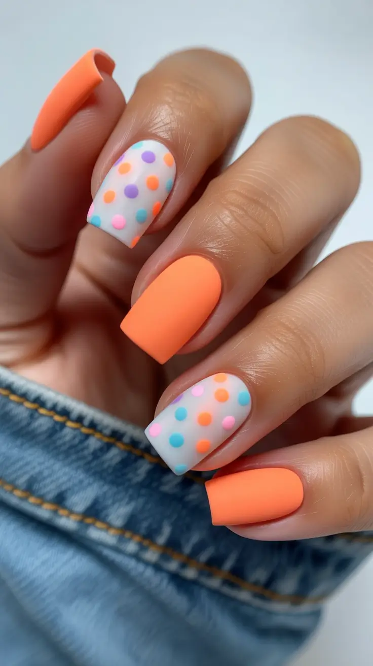 chic spring orange nails 2026 Playful Matte Orange Nails with Colorful Polka Dot Accent
