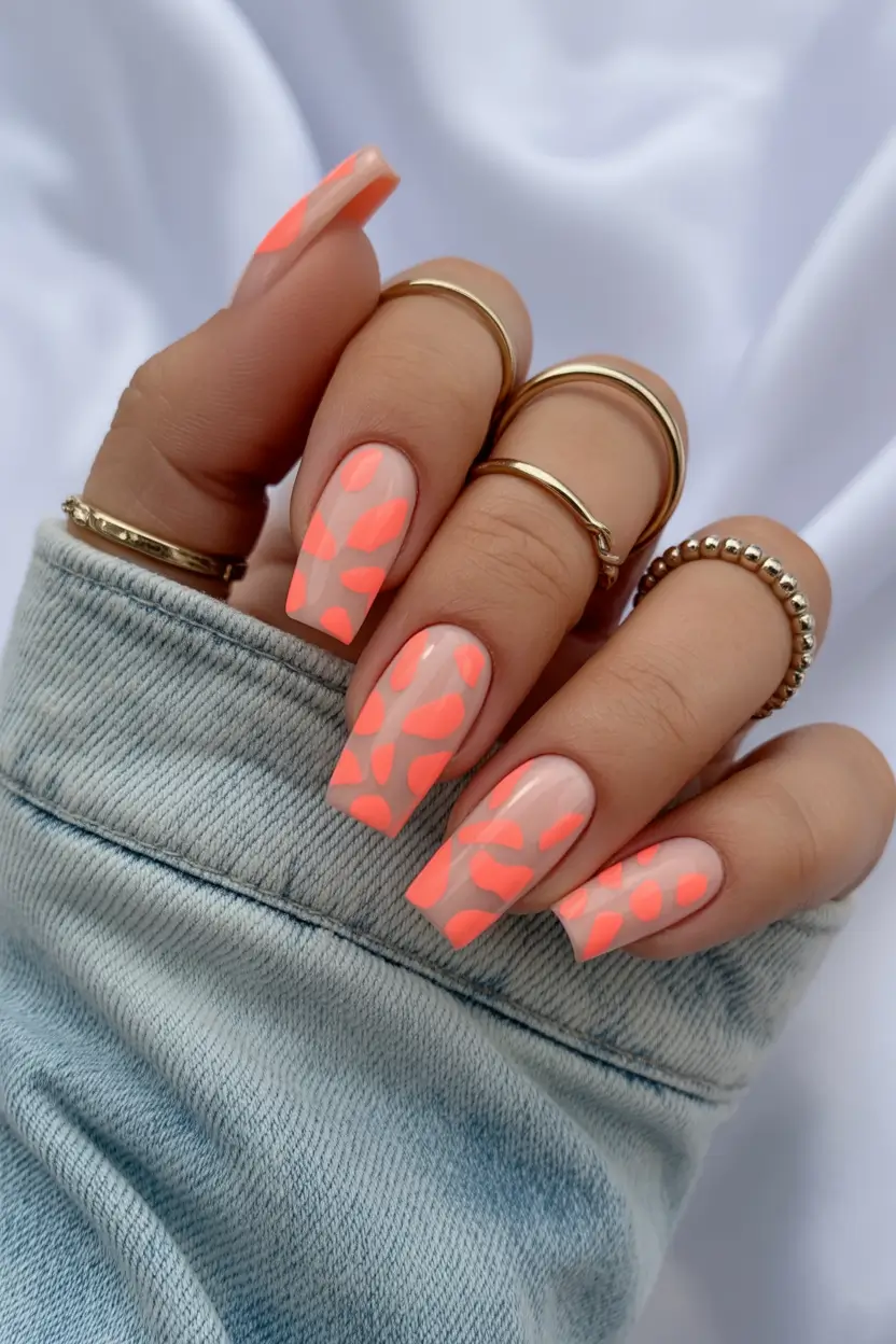 chic spring orange nails 2026 Soft Nude Nails with Abstract Orange Spring Patterns