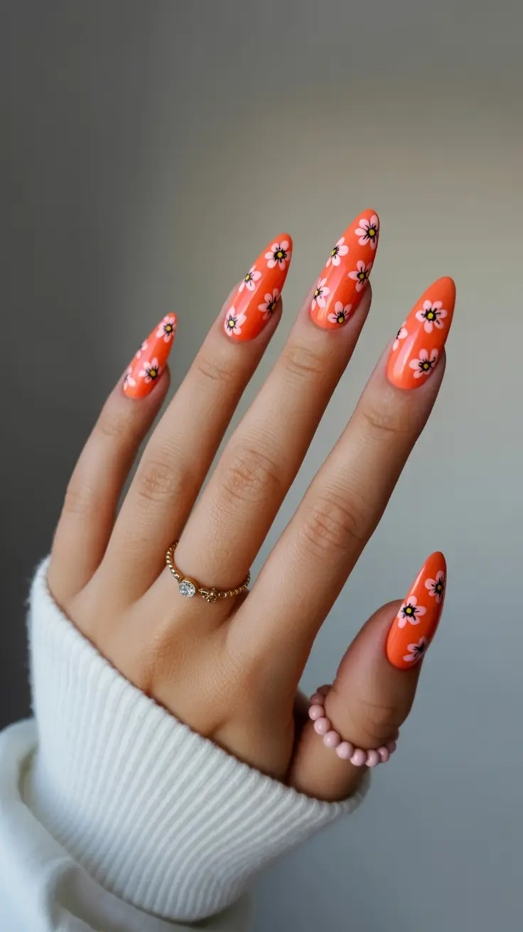 spring orange nails 2026 Bright Orange Almond Nails with Tiny Spring Daisies