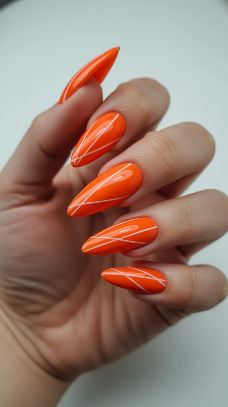 spring orange nails 2026 Vibrant Orange Almond Nails with Fine White Line Art
