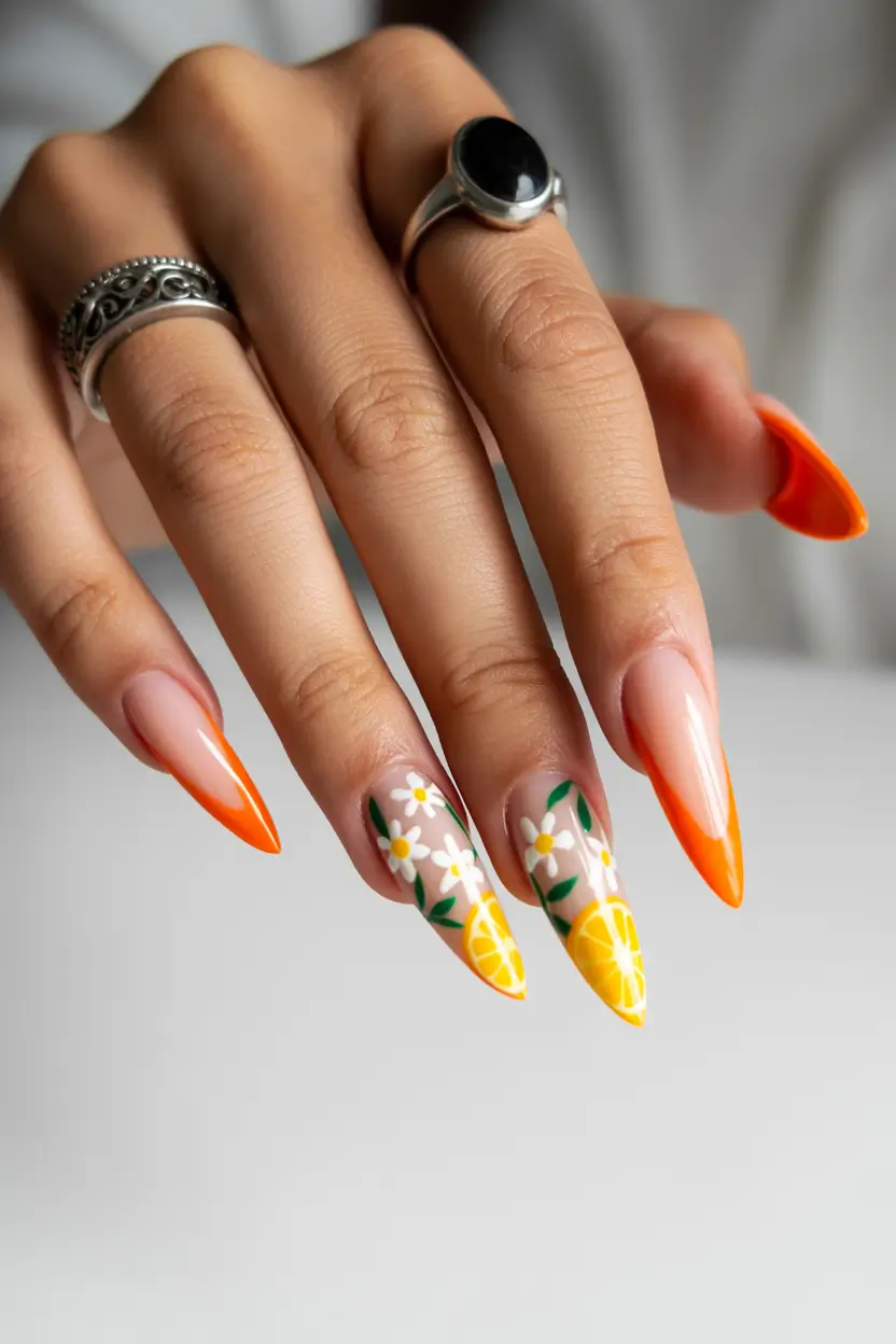 spring orange nails 2026 Orange French Almond Nails with Citrus and Daisy Art